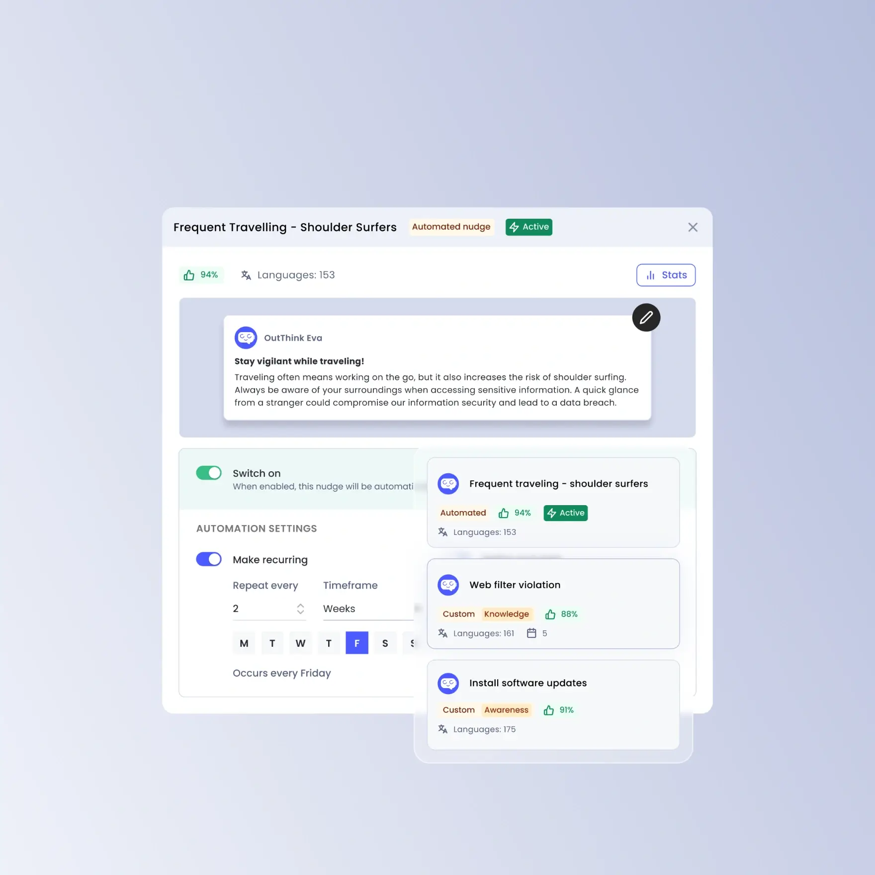 OutThink’s smart nudge dashboard showing automated security awareness notifications, tailored reminders, and user prompts.